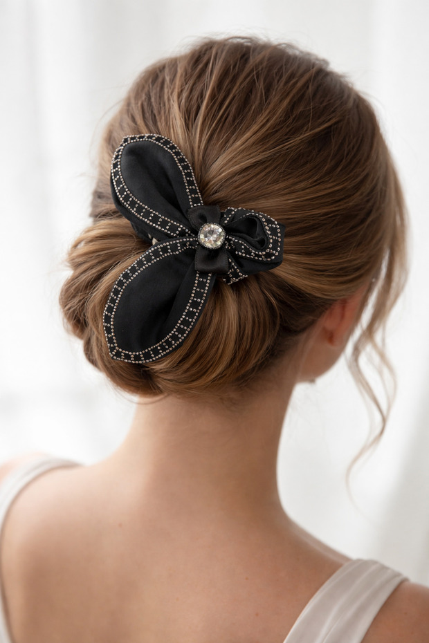 Stone Detailed Bowknot Black Bun Hair Clip