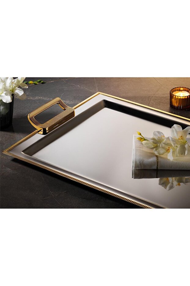 Tiamo Mios Kordon Gold Tea Tray 47.5 × 32.5 cm – Stylish and Elegant Presentation Tray