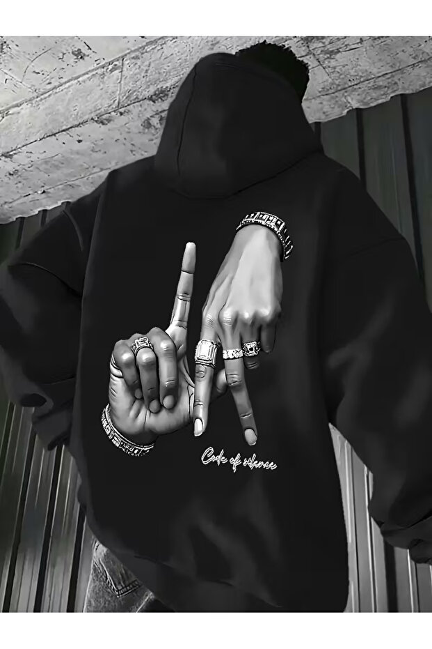 Unisex Oversize Hoodie with Hand Figure Print, Hooded Streetwear Sweatshirt, Black