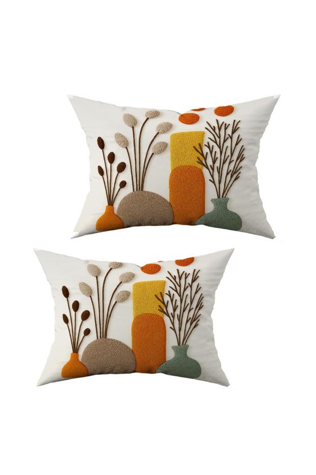 Punch Embroidery Pattern Digital Printed Yellow Orange Coffee Autumn Themed 2-Piece 30X50Cm Throw Pillow Cover