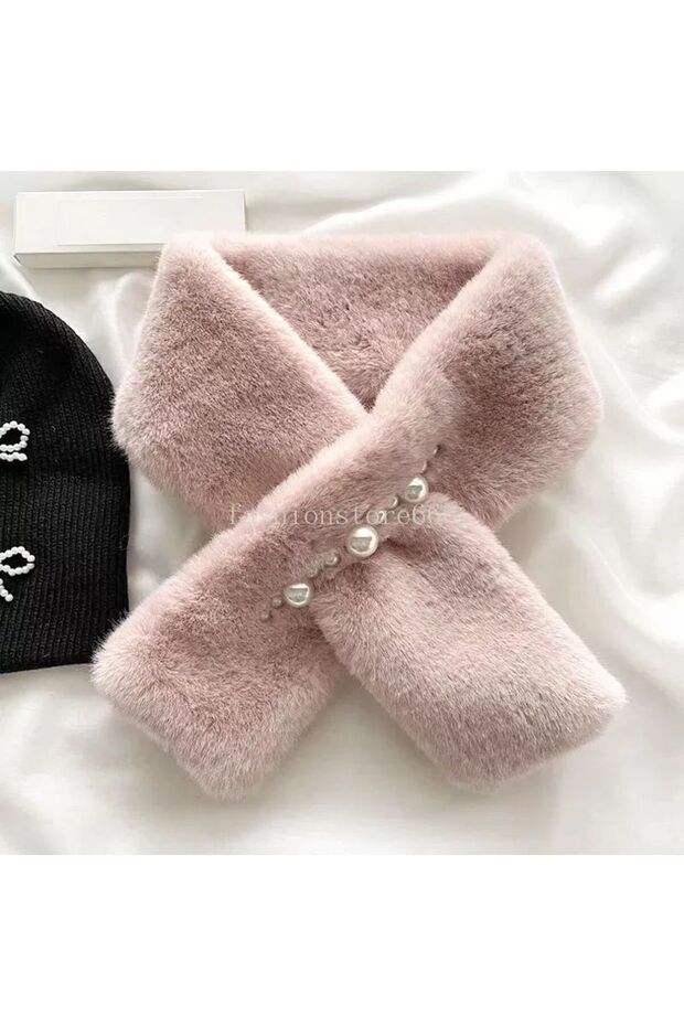 Pearl Detailed Neck Collar Fur Scarf