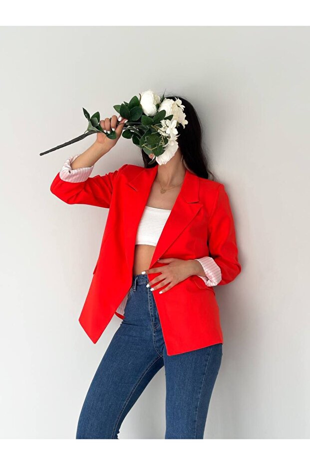 Double-Breasted Neck Buttonless Pocketed Striped Lined Roll-Up Sleeve Blazer Jacket