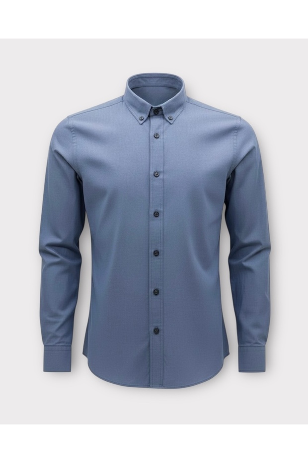 Slim Fit Long Sleeve Button-Up Collar Washed Solid Light Blue Shirt 2411Ama