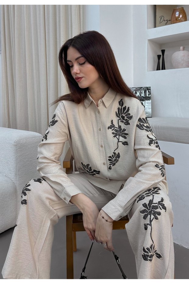 Women's Shirt Front and Sleeves Beaded Embroidered Trousers Beaded Embroidered Suit