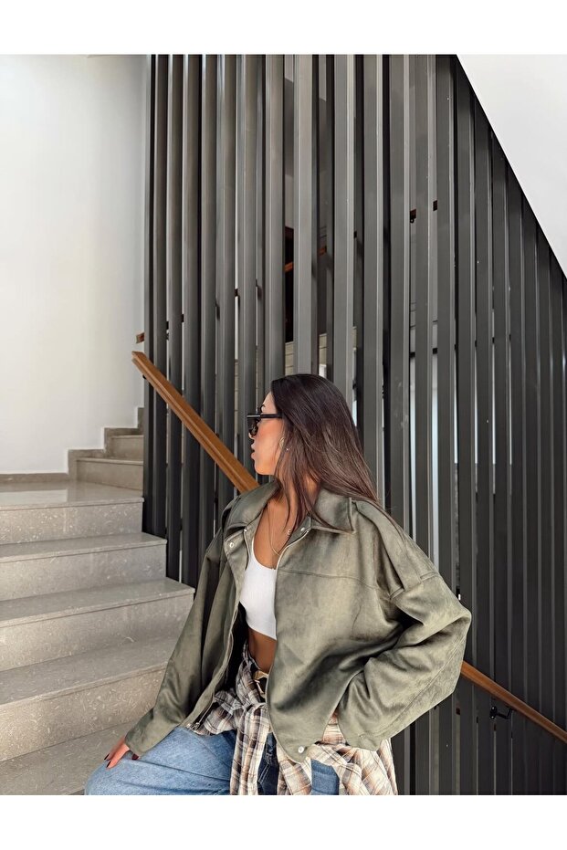 Premium Oversize Süet Bomber Ceket - 4