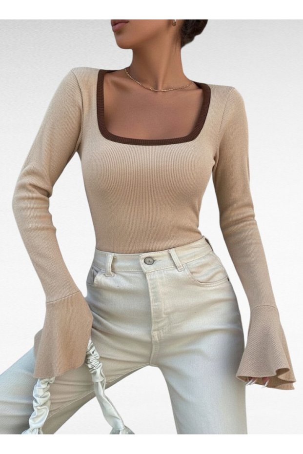 U Neck Garni Detail Spanish Sleeve Light Brown Color Women's Blouse - K Ribbed Knit Fabric