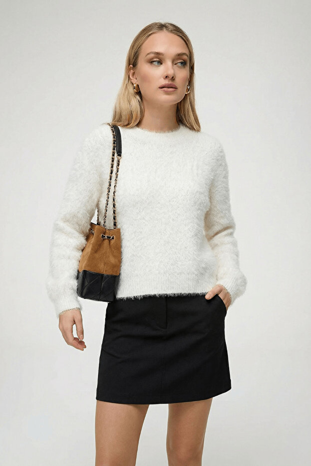Women's Plush Look Bearded Crew Neck Sweater White