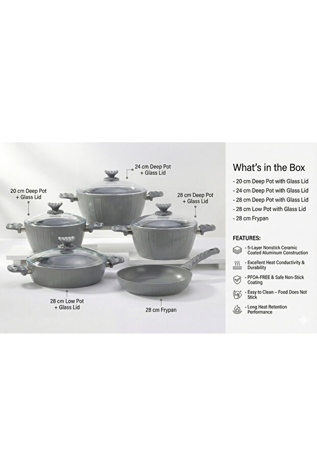 Homemaker 9-Piece Farah Cookware Set - Tempered Glass Lids - 3 Deep Pots - 1 Low Pot - 1 Frypan - No