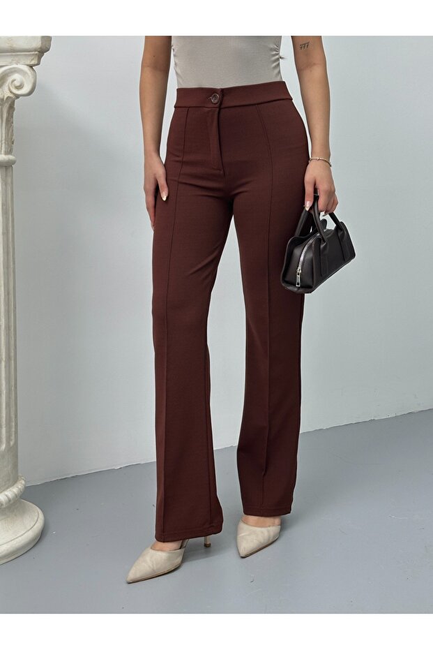 Women's High Waist Wide Leg piped Soft Textured Elastic Waist Stretch Fabric Pants
