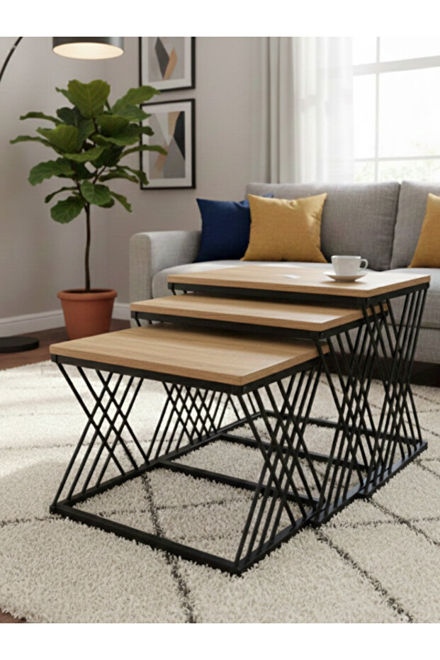 طقم طاولات خدمة متداخلة - 3 قطع - بتصميم مودرن