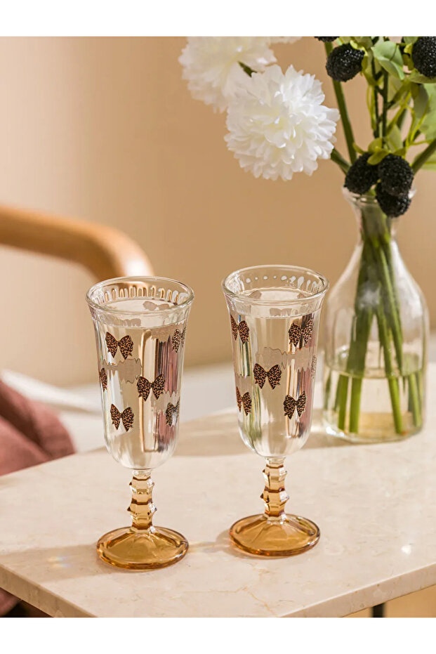 Lcw Home Mixed Bowknot Printed Legged Glass Cup Set of 2, 120 ml