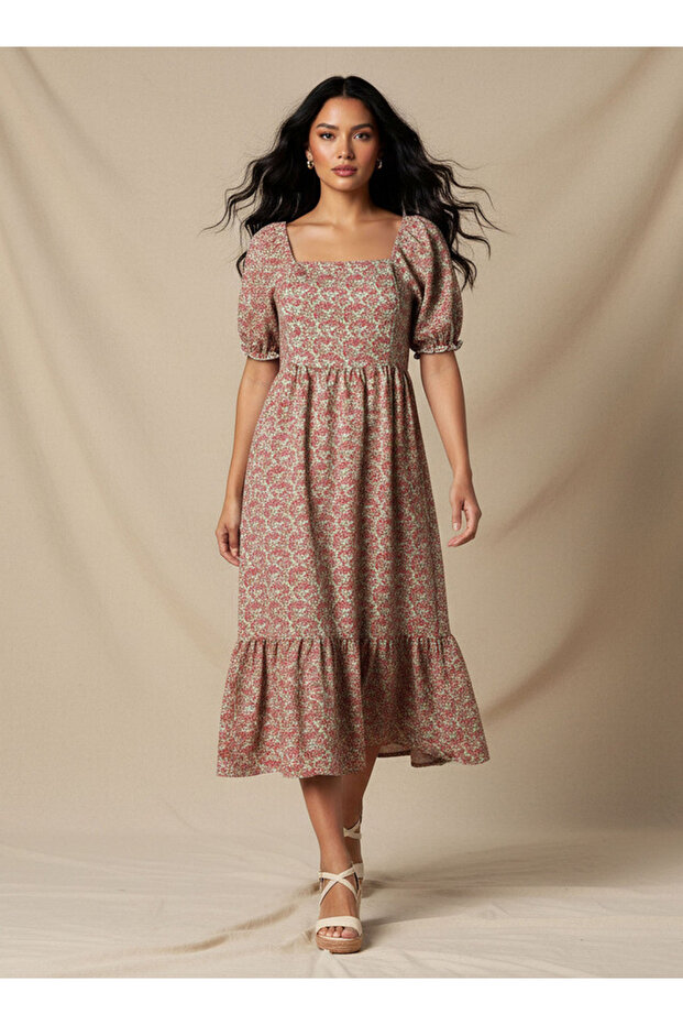 Floral Print Midi Dress with Square Neck