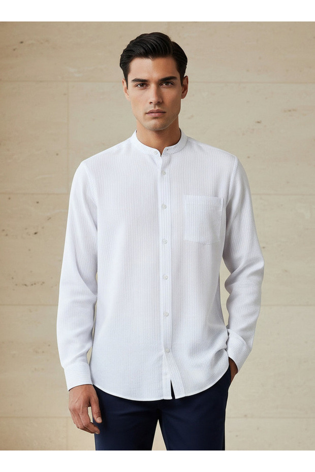 Men Regular Fit Mandarin Collar Striped Long Sleeves Shirt