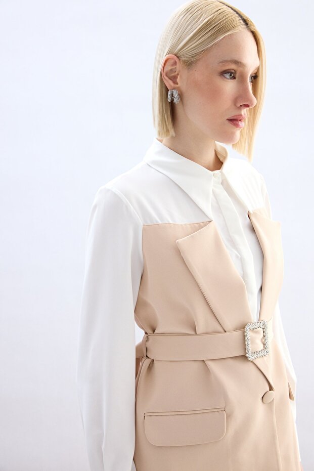 Ceket Görünümlü Gömlek - Bej - 3