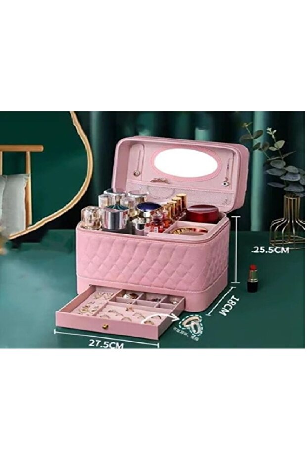 Leather Triple Makeup Case – Cosmetics Beauty Care Travel Storage with One Layer Drawer (Multi)