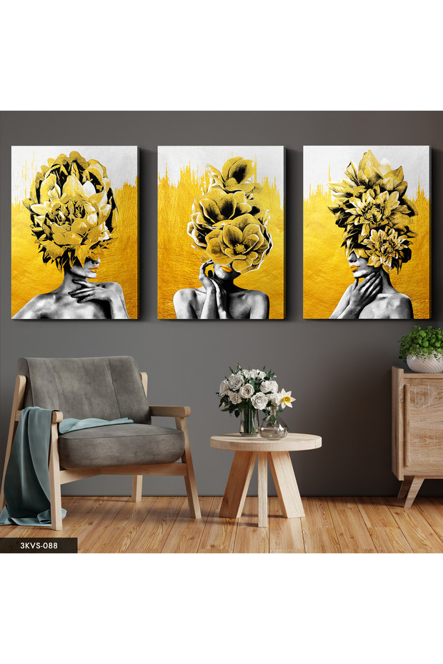Portrait of a Woman with Gold Flowers 3 Piece Canvas - Canvas Painting