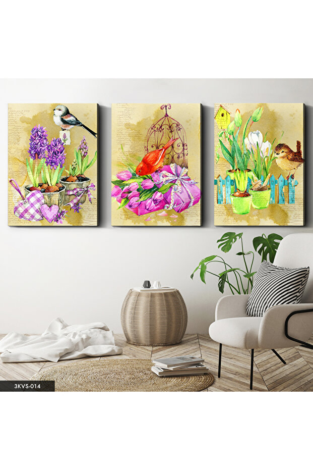 Birds Flowers 3 Piece Canvas - Canvas Painting