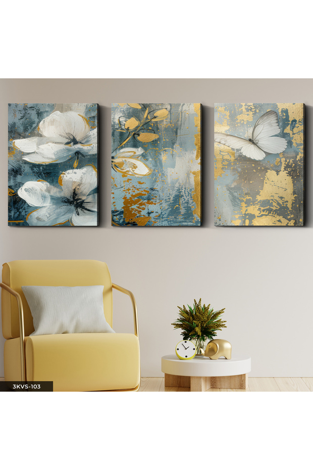 Gold Detailed Flower and Butterfly 3 Piece Canvas - Canvas Painting