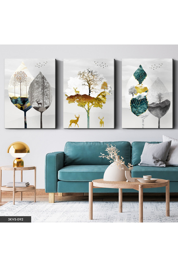 Gold Deer Detailed Leaf 3 Piece Canvas - Canvas Painting