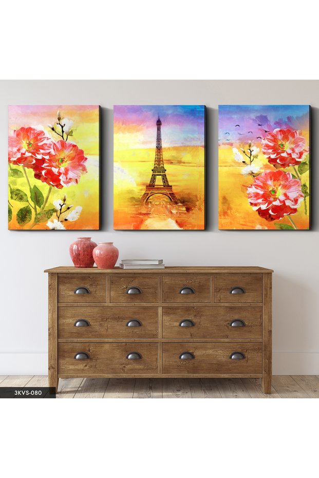 Eiffel Tower and Red Flowers 3 Piece Canvas - Canvas Painting