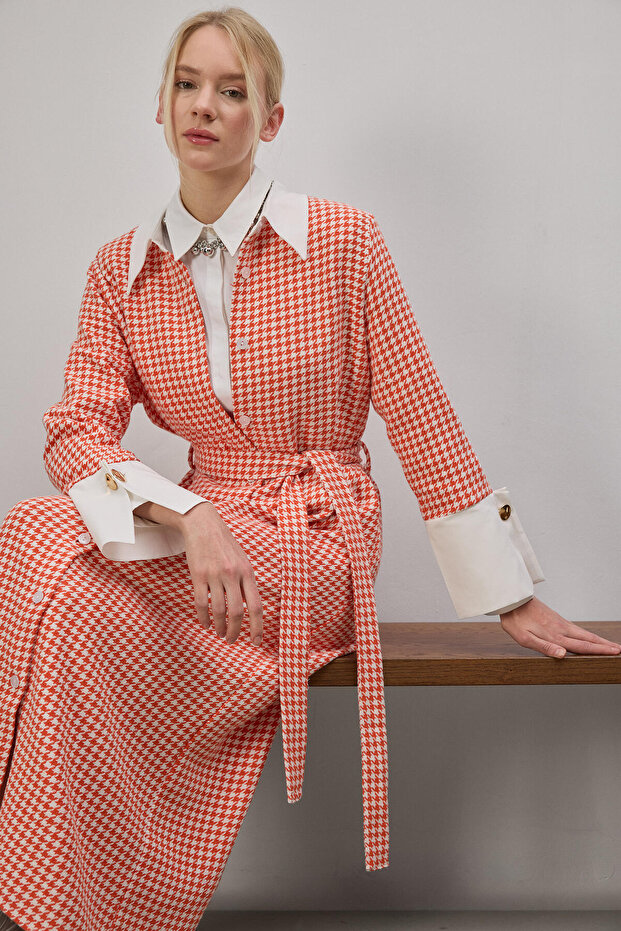 HOUNDSTOOTH PATTERNED TWEED DRESS