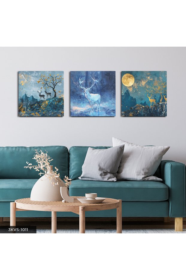 Blue Deer with Gold Detail 3 Piece Canvas - Canvas Painting