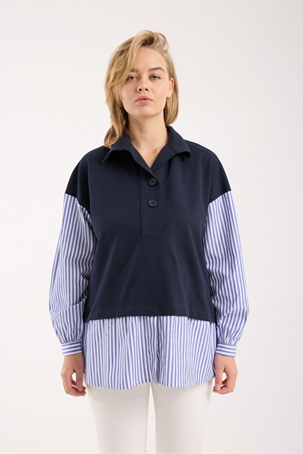 HAMİLE GÖMLEK YAKA ÖRME ÇİZGİLİ TUNİK - 1