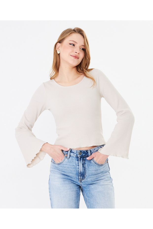 Women's Wide Round Neck Bebe Overlock Detailed Ribbed Knit Long Sleeve Blouse