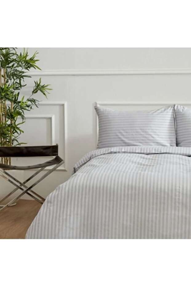 Mertim Home Textile Gray Striped Cotton Satin Double King Size Elastic-Free Sheet Set 240X260