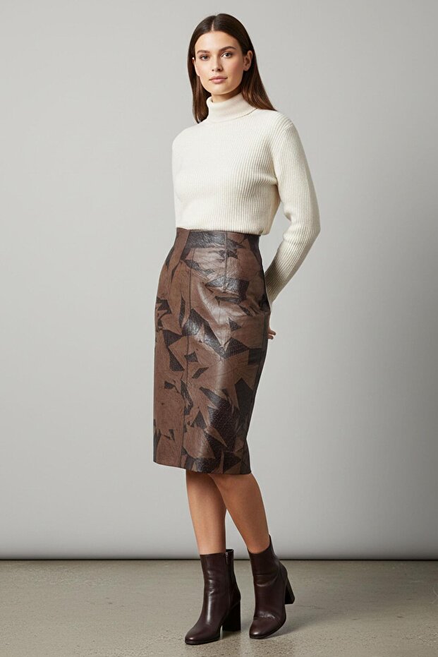 Brown Patchwork Genuine Leather Pencil Skirt