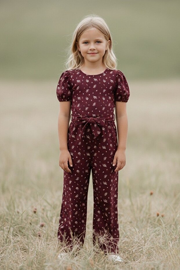 Girls' Brown Ruffle Sleeve Belted Floral Print Romper - Girls' Romper