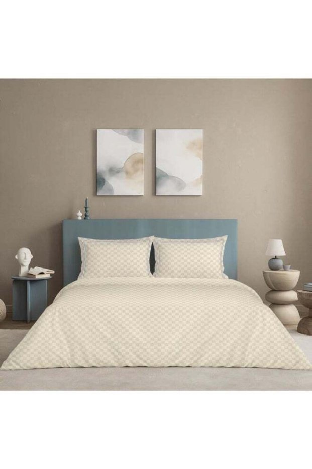 100% Cotton -300 TC Urban Grid King Size Duvet Cover - Ivory