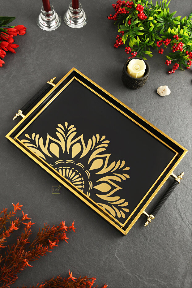 Sun Patterned Gol-Black Framed Luxury Presentation Tray 46X28 cm Real Glass