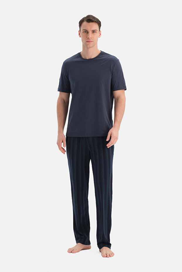 بنطلون أساسي من القطن الممشط مخطط باللون الأزرق الداكن - 1