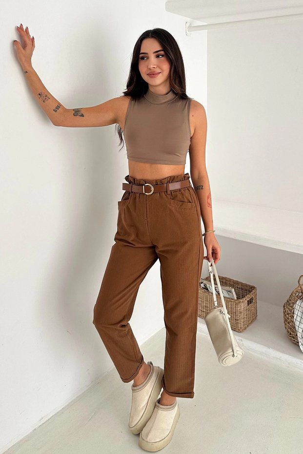 Washable Cotton Rain Gabardine High Waist Trousers Brown
