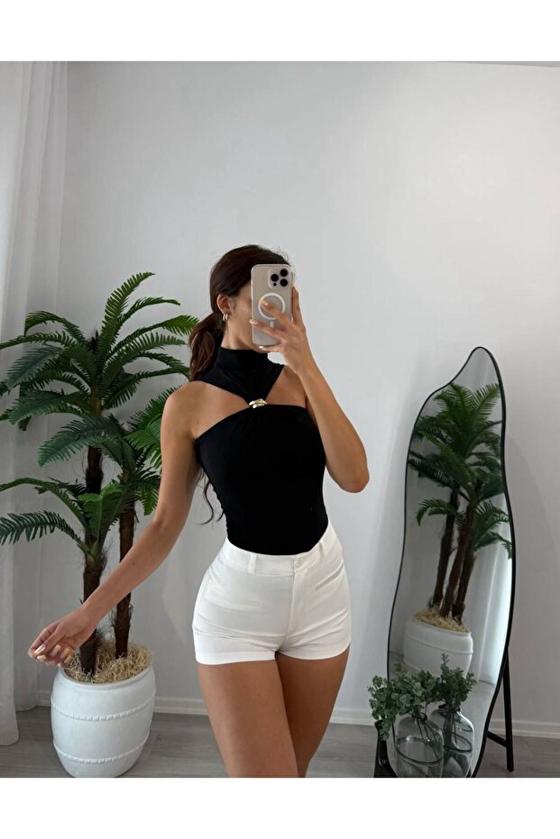 Women's White Pocket Detailed Extra Mini Shorts Yel221696