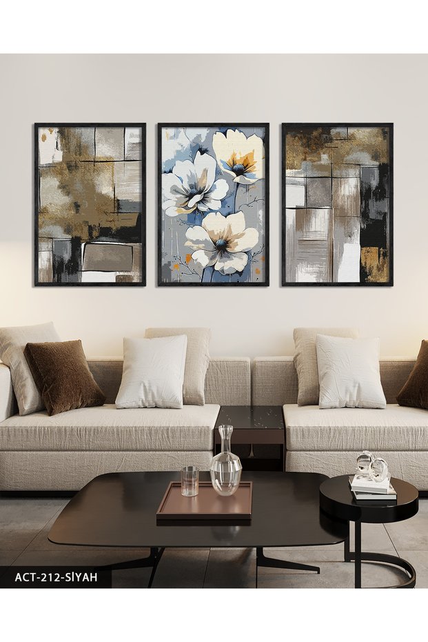 White Flower and Abstract Art 3 Piece Wooden Framed Painting Act