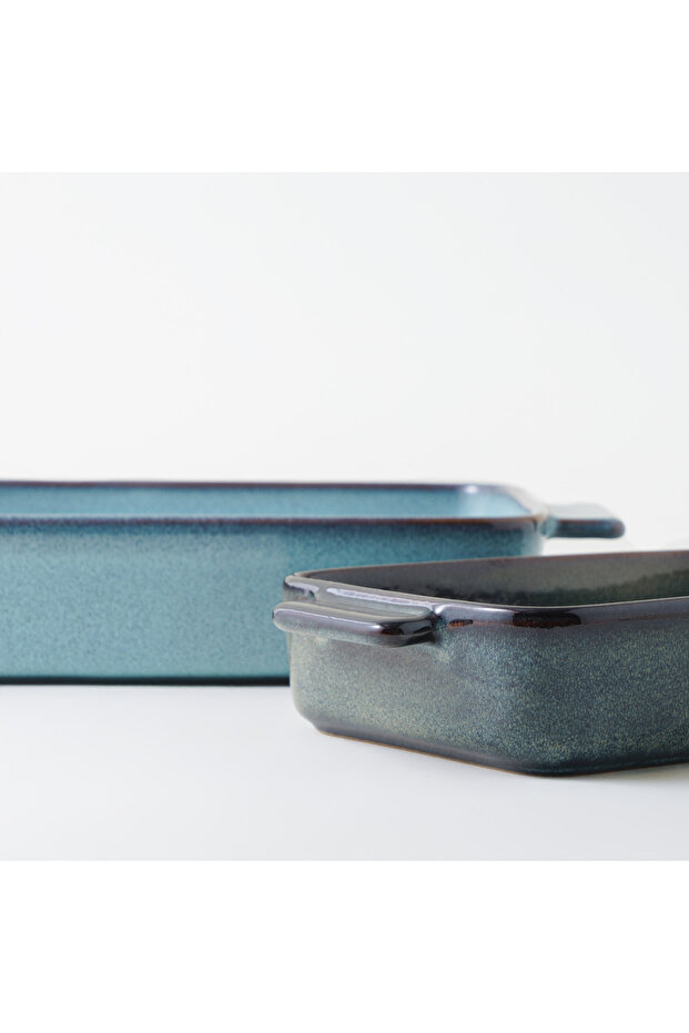 طقم أطباق مستطيلة من قطعتين من الخزف الحجري، مناسب للاستخدام في الفرن وعلى المائدة، لون أزرق - 2