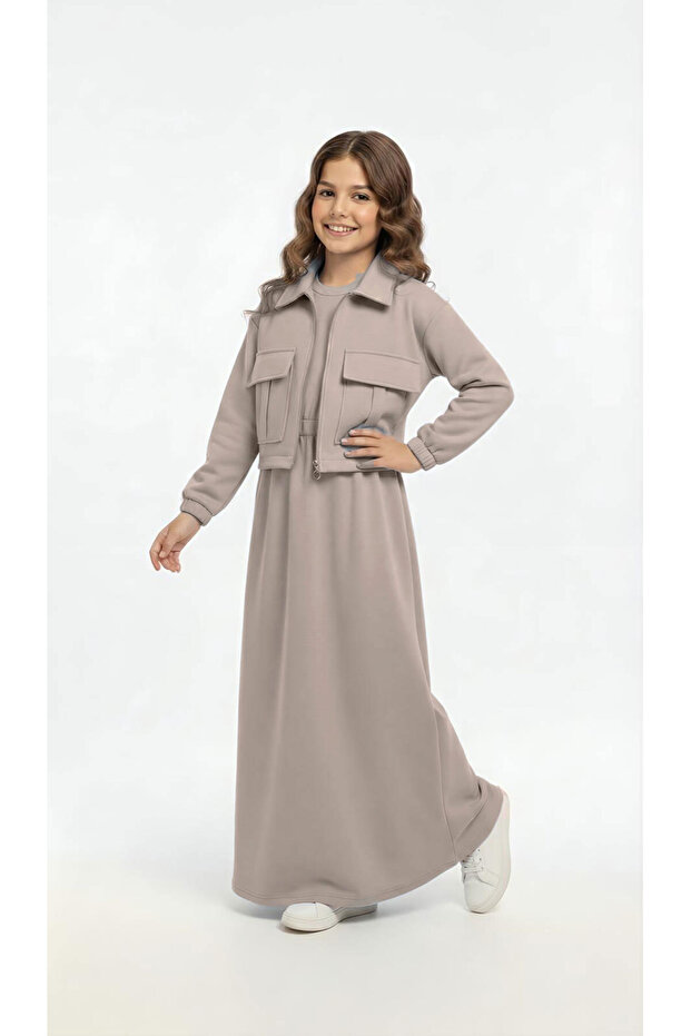 Girl's Sporty Stylish Jacket 2-Piece Set Suitable for Hijab-Aüt-5040
