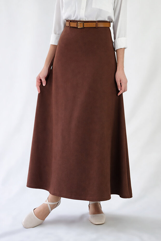Belt-Detail Maxi Size Loose Brown Woven Skirt