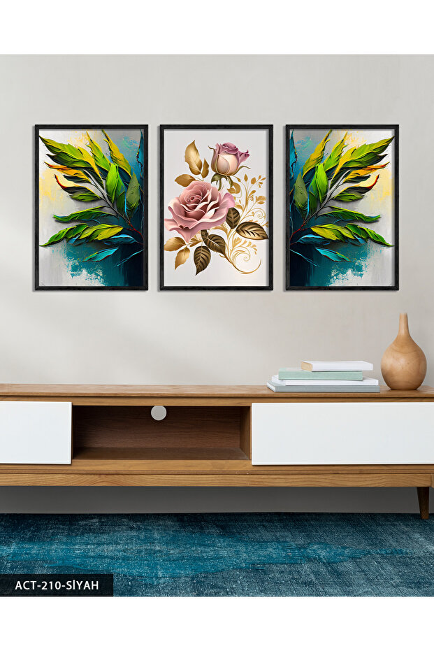 Pink Rose and Leaves 3 Piece Wooden Framed Painting Act