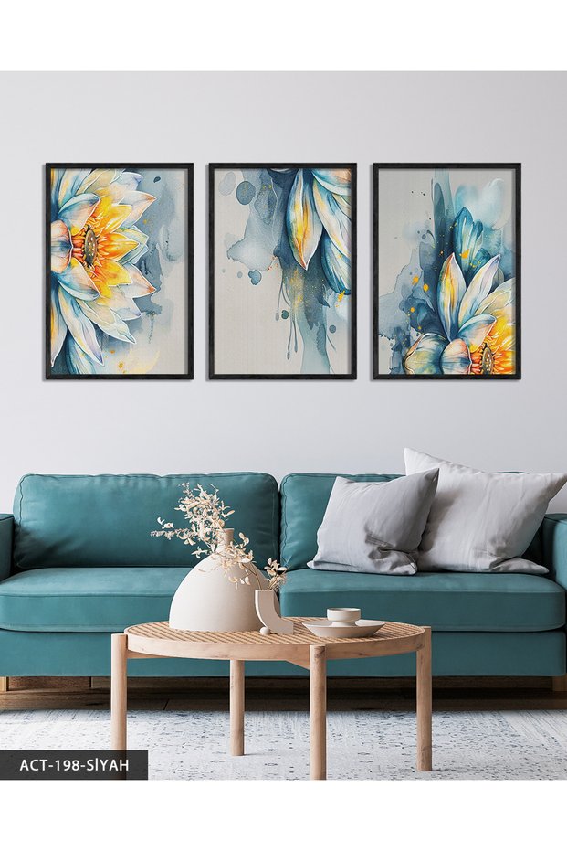 Watercolor Look Blue Flower 3 Piece Wooden Framed Painting Act