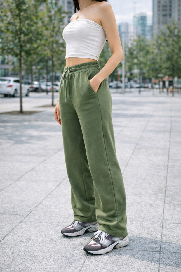 Women's Trendy Baggy Leg Modal Fabric Sweatpants with Double Pockets Wide Leg
