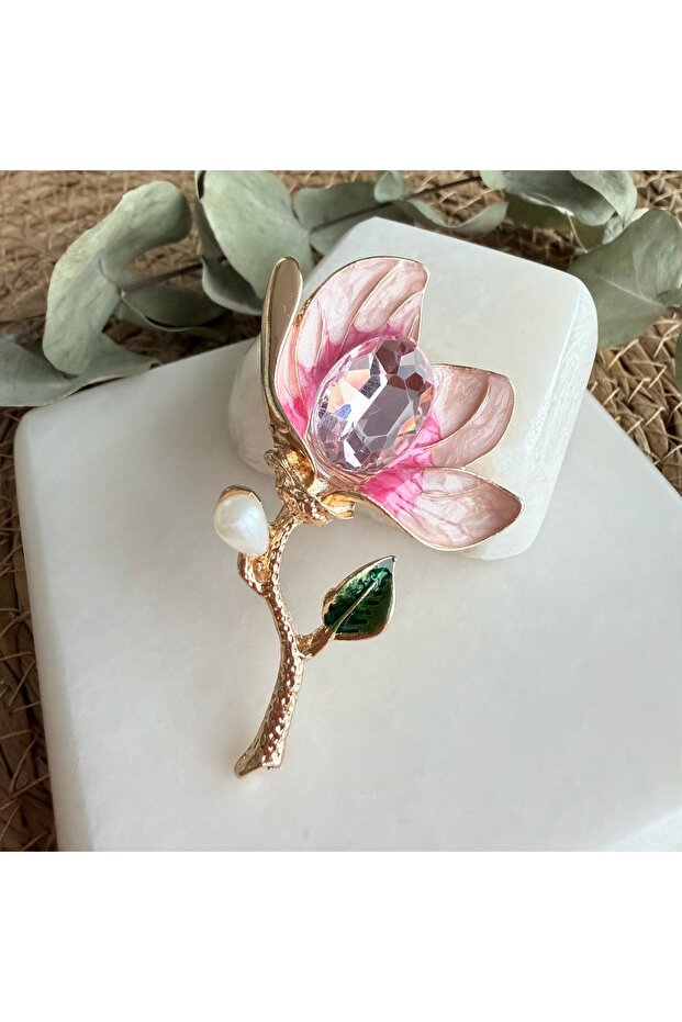 Pembe Manolya Çiçeği Broş - 1