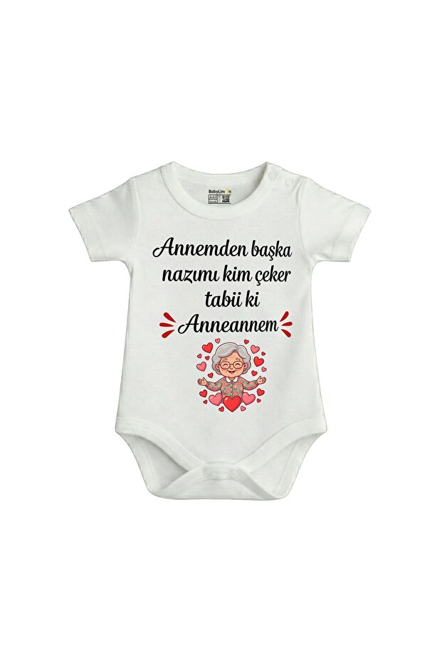 Grandmother Themed Baby Bodysuit, White, Short Sleeves, Turkish Printed