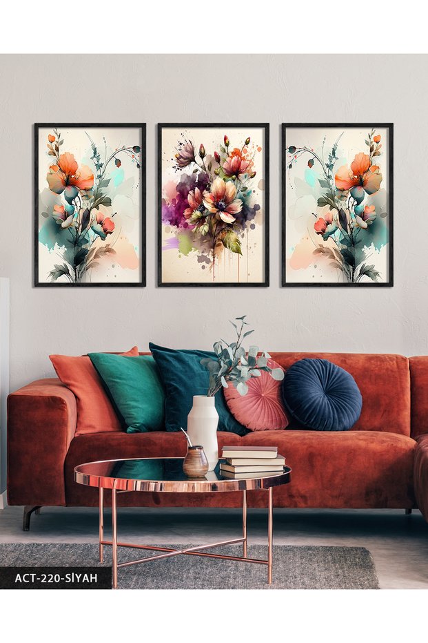 Watercolor Look Colorful Flowers 3 Piece Wooden Framed Painting Act