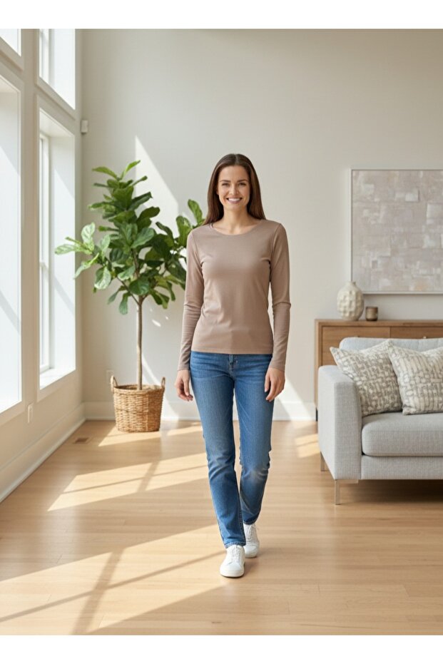 Sıfır Yaka Basic Uzun Kollu Tişört - 1