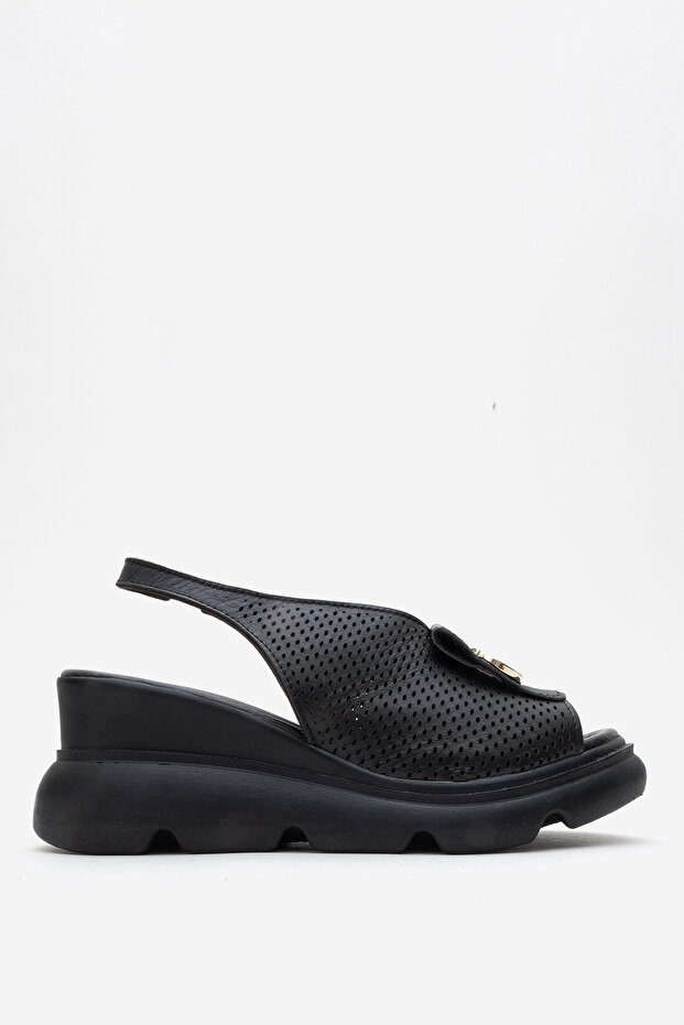 Women's Wedge Heel Buckle Casual Sandals Real Leather Zy 8067 Black
