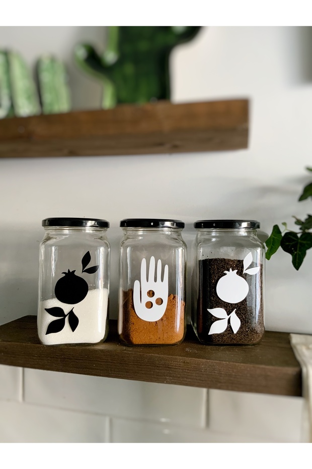 Bereket Set Glass 3-Piece Decorative Food Storage Jar for Coffee, Tea, Sugar with Pomegranate and Abundance Symbol