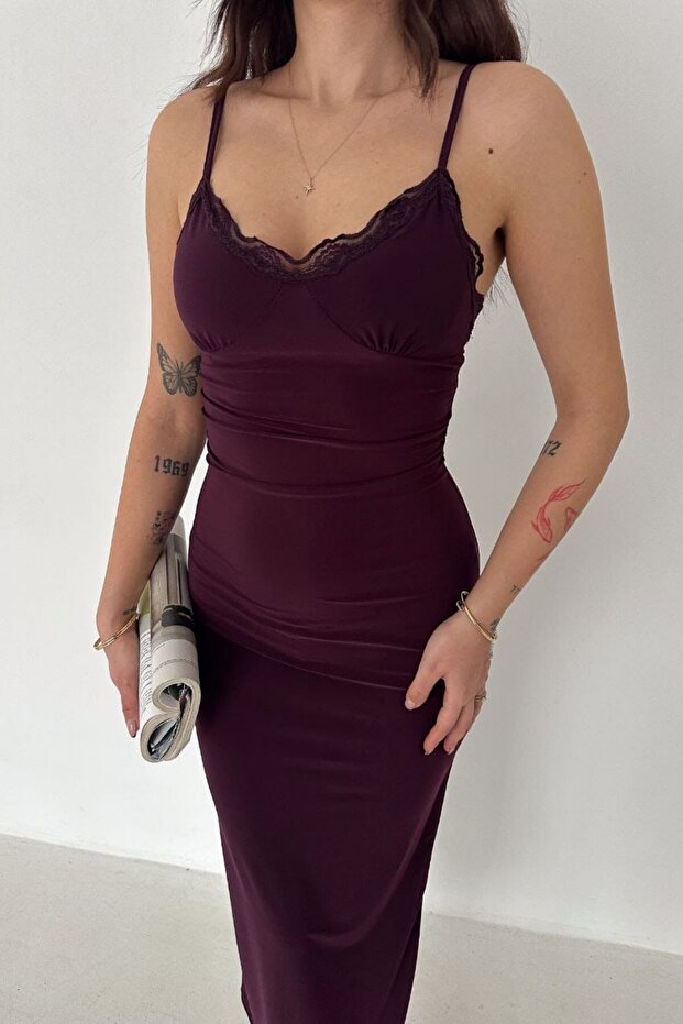 V-Neck Strappy Lace Detailed Slit Midi Dress
